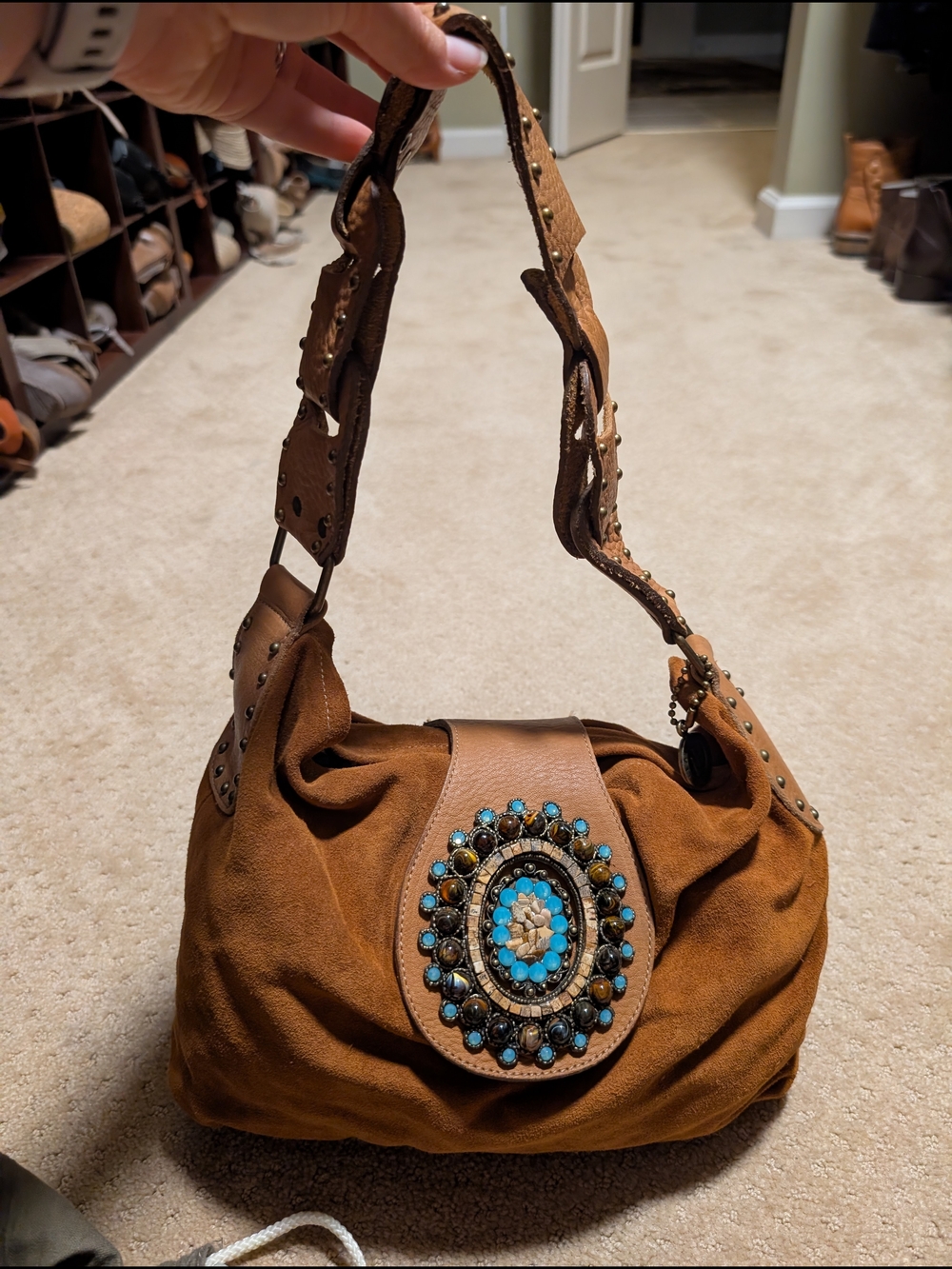 Tan Suede Shoulder Bag with Turquoise Medallion
